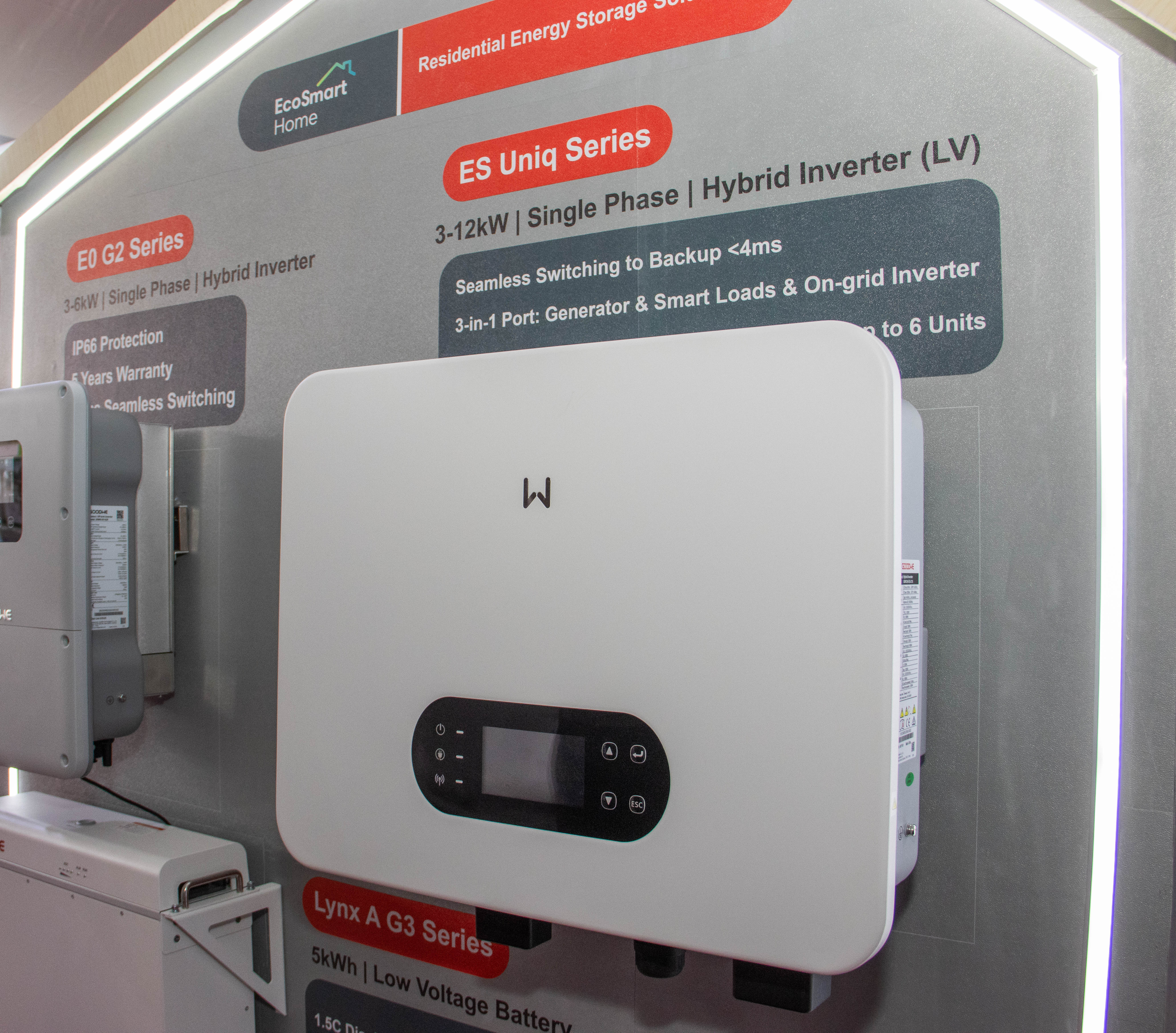 A white wall-mounted inverter with a display screen on a lit exhibition wall